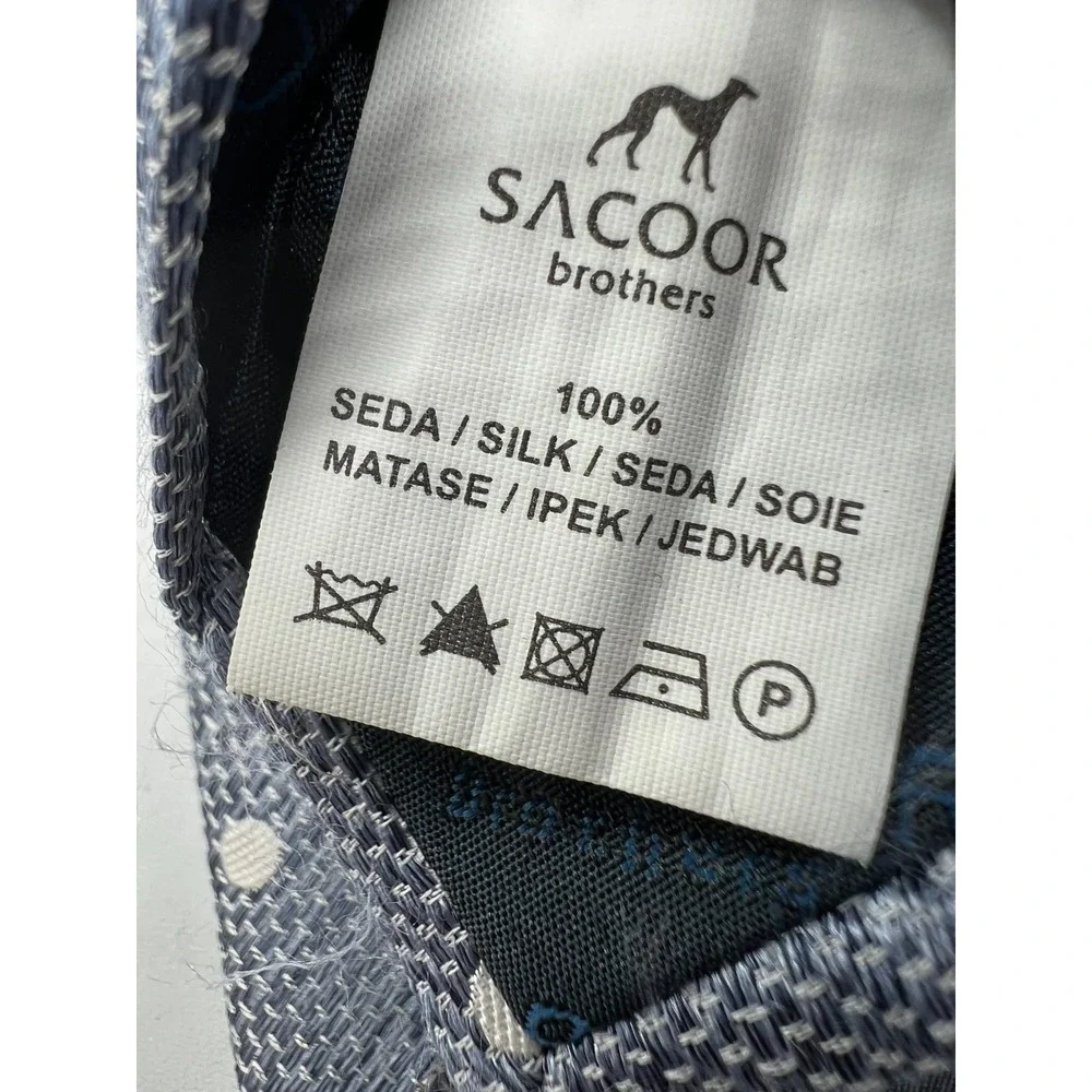 Sacoor Brothers Italy Silk Tie Gray White Polka Dot Hand Finished Luxury Necktie